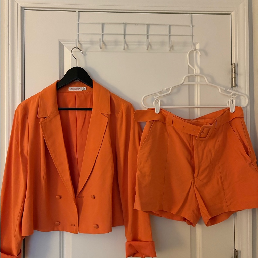 Coordinate cropped blazer and shorts with belt